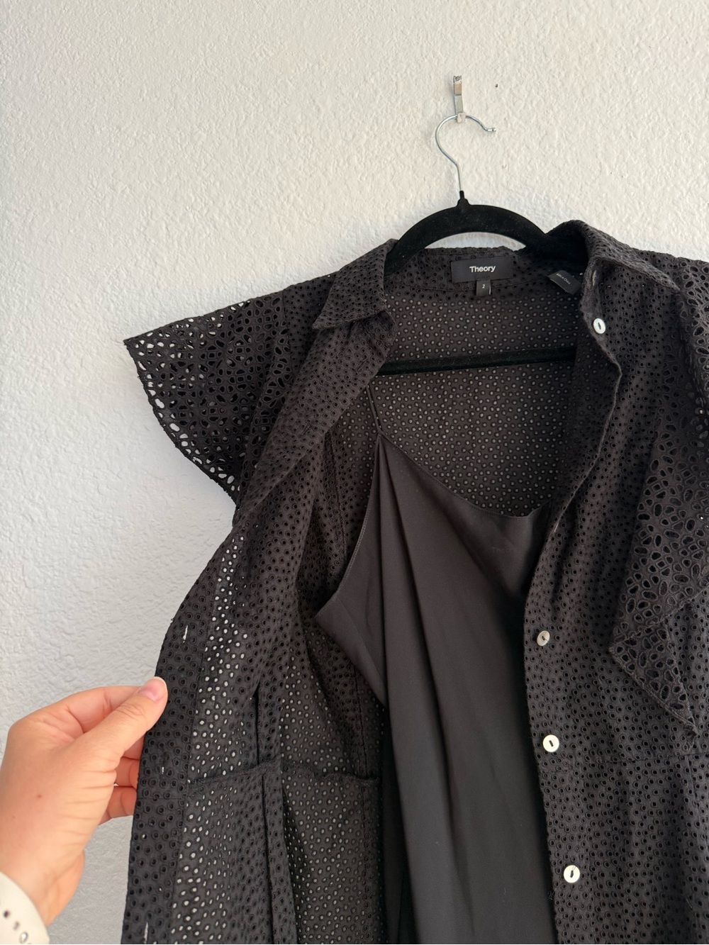 NWOT THEORY Nova Eyelet Ruffle Sleeve Lace Eyelet Casual Mini Shirt Dress - Picture 6 of 6